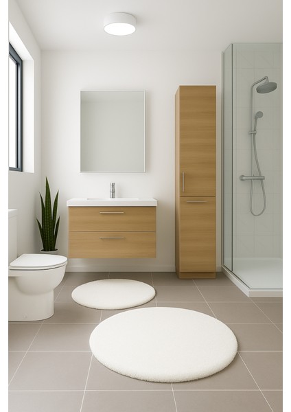 2'li Beyaz Yuvarlak Yumuşak Kaymaz Taban Peluş Yıkanabilir Banyo Oturma Odası HALI(60X60 ve 80X80)