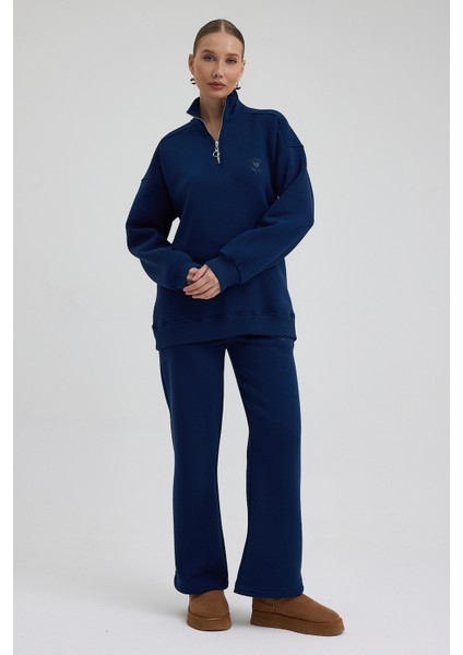 Kadın Eşofman Takımı Yarım Fermuarlı Alleyes Baskı Içi Pamuklu Lacivert Eşofman Takımı Alt Üst Takım