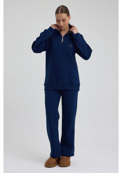 Kadın Eşofman Takımı Yarım Fermuarlı Alleyes Baskı Içi Pamuklu Lacivert Eşofman Takımı Alt Üst Takım fiyatları
