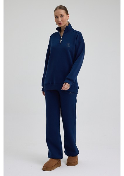 Kadın Eşofman Takımı Yarım Fermuarlı Alleyes Baskı Içi Pamuklu Lacivert Eşofman Takımı Alt Üst Takım modelleri