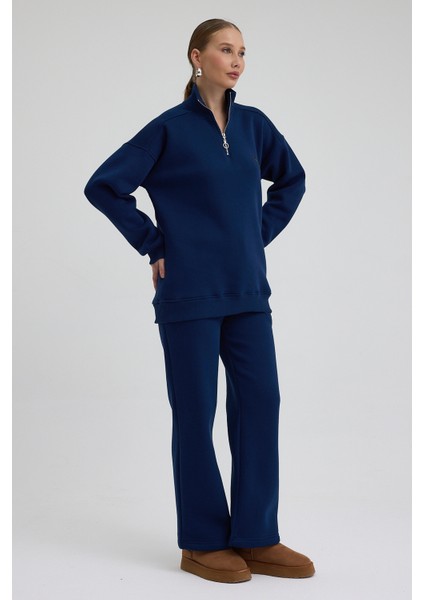 Kadın Eşofman Takımı Yarım Fermuarlı Alleyes Baskı Içi Pamuklu Lacivert Eşofman Takımı Alt Üst Takım fırsatları