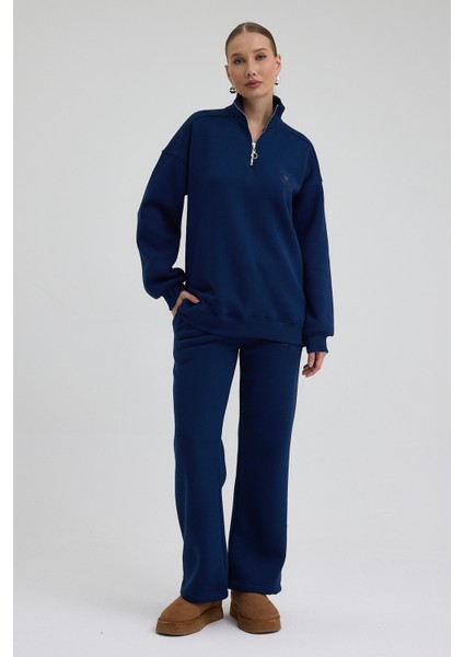 Kadın Eşofman Takımı Yarım Fermuarlı Alleyes Baskı Içi Pamuklu Lacivert Eşofman Takımı Alt Üst Takım indirimleri