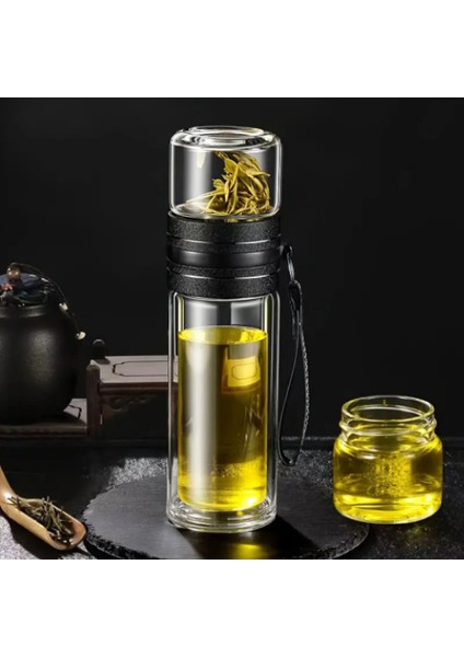 Paslanmaz Çelik Çift Camlı Bitki Çayı Demlik Termos – 2 Kat Cam Izgaralı Demleme Şişesi