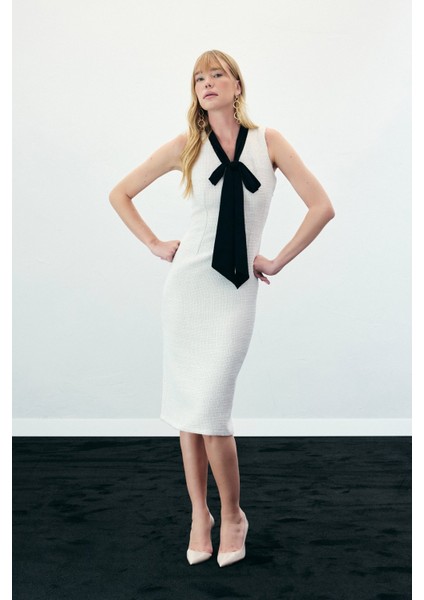 Fularlı Kolsuz Tüvit Elbise - Lacivert