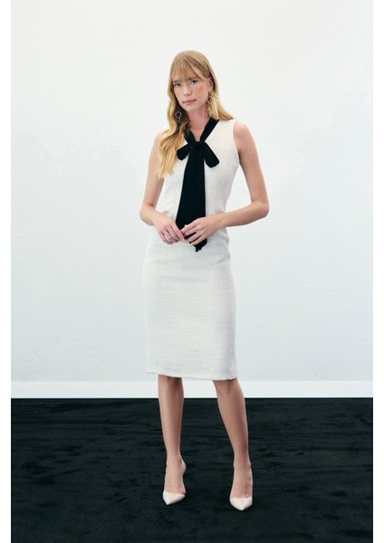 Fularlı Kolsuz Tüvit Elbise - Lacivert modelleri