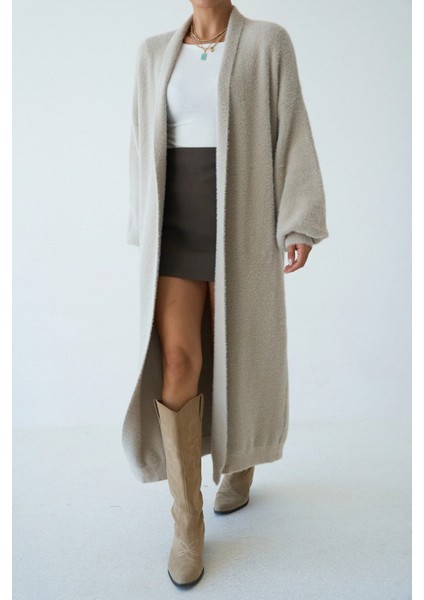 Kadın Şal Yaka Dokulu Balon Kol Uzun Salaş Hırka