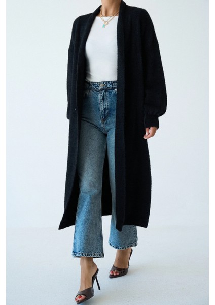 Kadın Şal Yaka Dokulu Balon Kol Uzun Salaş Hırka