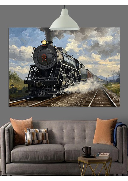 Siyah Buharlı Klasik Tren Dekoratif Kanvas - Mdf Ahşap Tablo