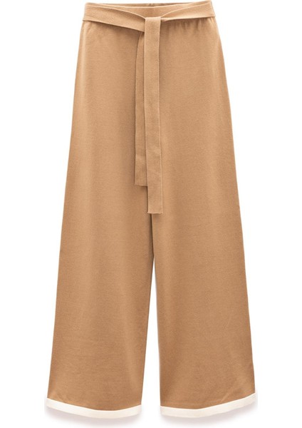 Rumi Kadınbeli Kemerli Triko Pantolon - Camel