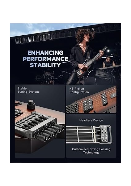 Hush-X Elektro Gitar Kiti - Tüy Işığı Başsız Gitar, Seyahat ve Uygulama Için Harika, Kolay Montaj Standlı Maun Katı Gövdesi, Konser Çantası, Tüm Aksesuarlar, Sunburst indirimleri