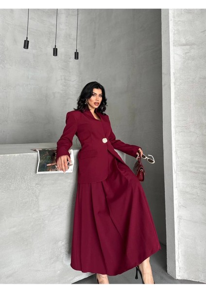 Kadın Gold Kurabiye Düğmeli Blazer Ceket Etek Takım Elbise modelleri