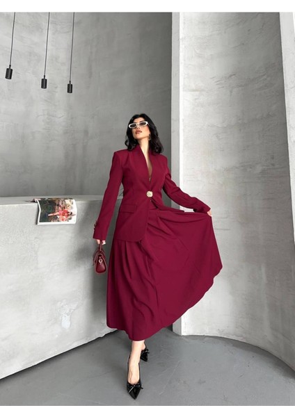 Kadın Gold Kurabiye Düğmeli Blazer Ceket Etek Takım Elbise fırsatları