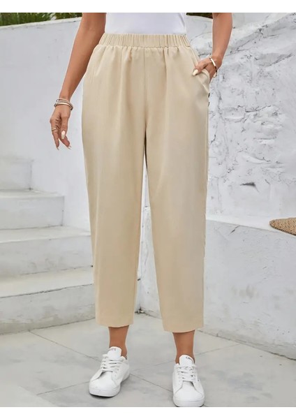 Kadın Yüksek Bel Yandan Cepli Düğme Detaylı Geniş Kesim Ithal Krep Pantolon