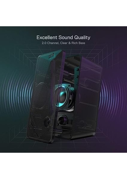 GS510 Waltz Rgb Masaüstü Hoparlörler, LED Arka Aydınlatmalı 2.0 Kanallı Pc Stereo Hoparlörler, Gelişmiş Bas ve Kolayca Erişilebilen Ses Kontrolü, USB ve 3,5 mm Kablo ile fırsatları