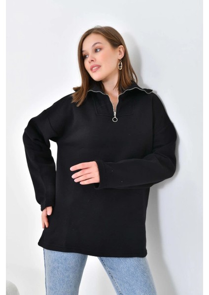 Kadın Sweat Boyunlu ve Yakası Fermuarlı Şardonlu Sweat Siyah - D007