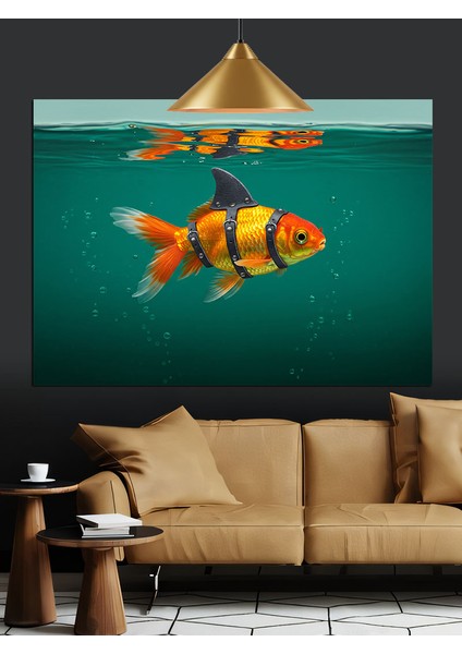 Altın Balık Köpek Balığı Taklidi Dekoratif Kanvas - Mdf Ahşap Tablo