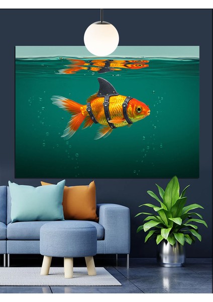 Altın Balık Köpek Balığı Taklidi Dekoratif Kanvas - Mdf Ahşap Tablo indirimleri