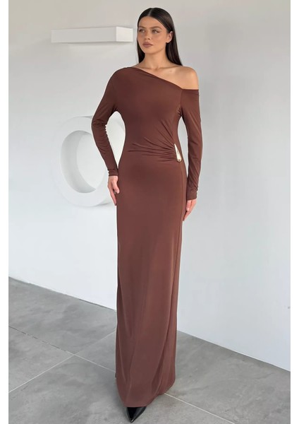 Kadın Omuz Dekolteli Gold Tokalı Drapeli Likralı Elbise P-00018924 fiyatları