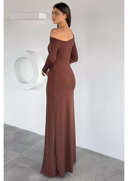 Kadın Omuz Dekolteli Gold Tokalı Drapeli Likralı Elbise P-00018924 fırsatları