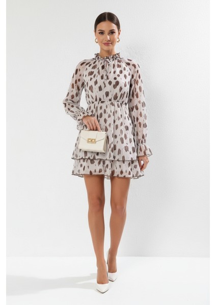 Fırfır Yaka Tül Detay Şifon Elbise