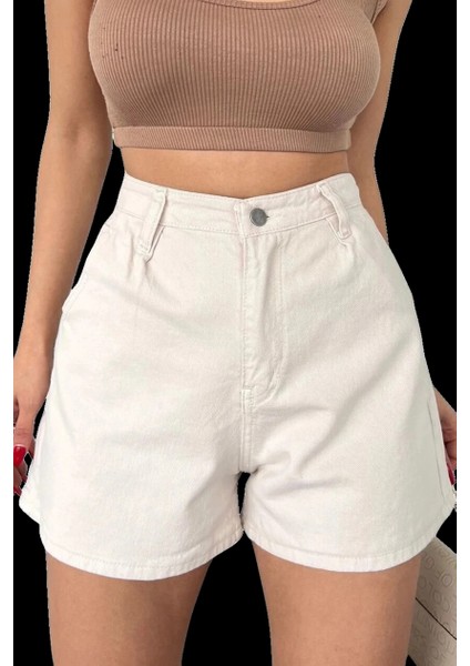 Mini Denim Şort Cepli -Krem