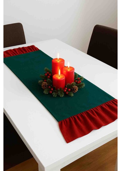Fırfırlı Runner Yeşil Kırmızı Noel Yılbaşı