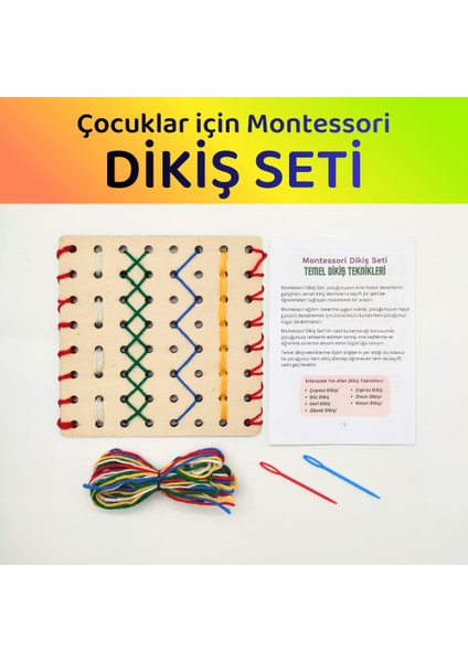 Ahşap Montessori Dikiş Seti | Çocuklar Için Eğitici Oyuncak | Iğne, Iplik ve Delikli Tahta ile Dikiş Öğrenme