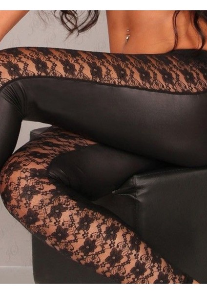 Kadın Yüksek Bel Dantel Detaylı Deri Tayt fiyatları