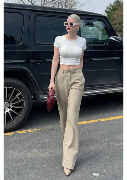 Bej Kemerli Bol Paça Pantolon MG1992 fırsatları