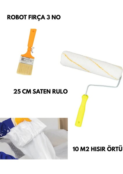 Boyacı Seti 3 - Robot Fırça 3 No - Saten Boya Rulosu 25 cm - Hışır Koruyucu Örtü 10 M2