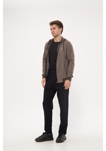 Erkek Pamuklu Tam Fermuarlı Kapüşonlu Eşofman Takımı Kahve 5296-K