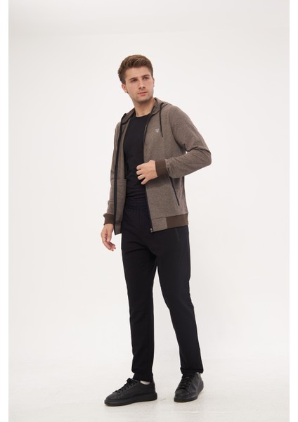 Erkek Pamuklu Tam Fermuarlı Kapüşonlu Eşofman Takımı Kahve 5296-K modelleri