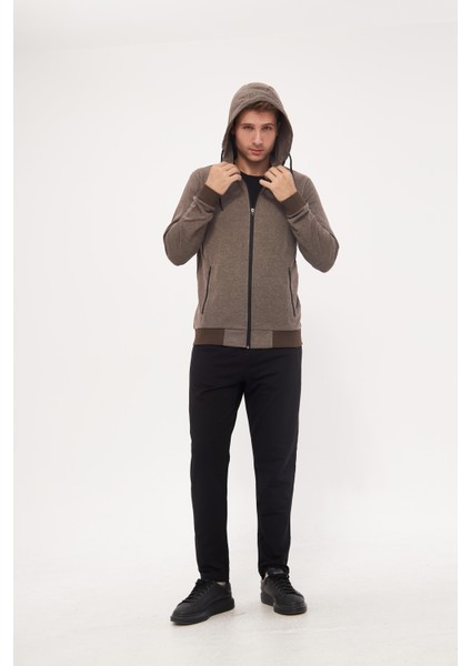 Erkek Pamuklu Tam Fermuarlı Kapüşonlu Eşofman Takımı Kahve 5296-K