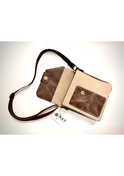 Natderi Hakiki Deri ve Kanvas Omuz Çantası | 20X21 cm | Ayarlanabilir Askılı, Ön Cepli Unisex Günlük Çanta