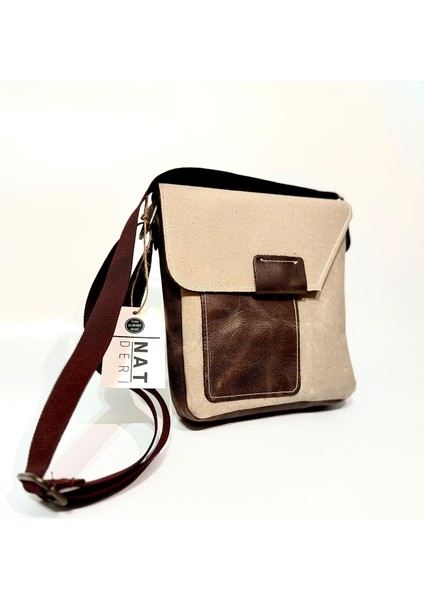 Natderi Hakiki Deri ve Kanvas Omuz Çantası | 20X21 cm | Ayarlanabilir Askılı, Ön Cepli Unisex Günlük Çanta fiyatları