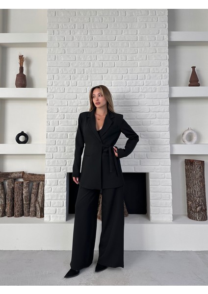 Kadın Yandan Bağlamalı Ikili Kuşaklı Blazer Ceket Pantolon Takım