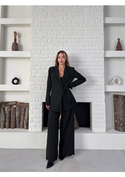 Kadın Yandan Bağlamalı Ikili Kuşaklı Blazer Ceket Pantolon Takım fiyatları