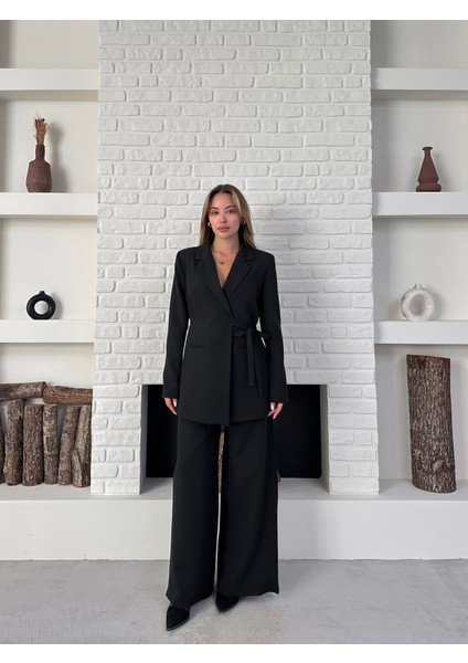Kadın Yandan Bağlamalı Ikili Kuşaklı Blazer Ceket Pantolon Takım modelleri
