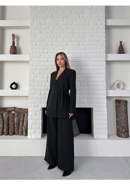 Kadın Yandan Bağlamalı Ikili Kuşaklı Blazer Ceket Pantolon Takım fırsatları