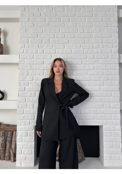 Kadın Yandan Bağlamalı Ikili Kuşaklı Blazer Ceket Pantolon Takım indirimleri