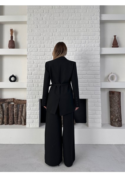 Kadın Yandan Bağlamalı Ikili Kuşaklı Blazer Ceket Pantolon Takım