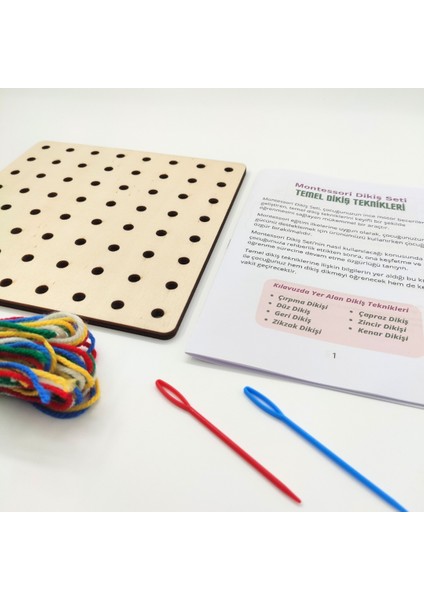 Ahşap Montessori Dikiş Seti | Çocuklar Için Eğitici Oyuncak | Iğne, Iplik ve Delikli Tahta ile Dikiş Öğrenme