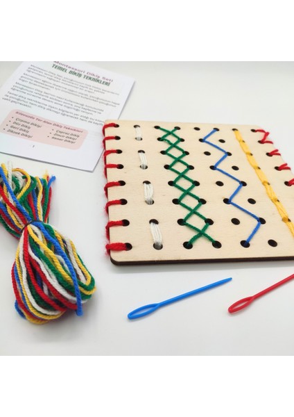 Ahşap Montessori Dikiş Seti | Çocuklar Için Eğitici Oyuncak | Iğne, Iplik ve Delikli Tahta ile Dikiş Öğrenme