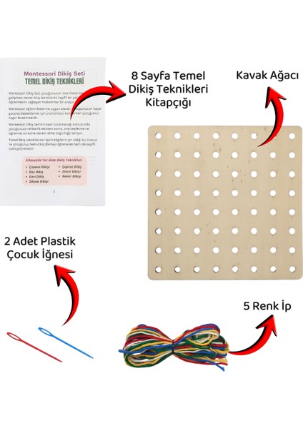 Ahşap Montessori Dikiş Seti | Çocuklar Için Eğitici Oyuncak | Iğne, Iplik ve Delikli Tahta ile Dikiş Öğrenme