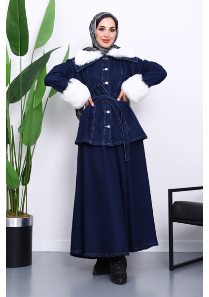 Lacivert Kol Yaka Kürklü Kot Ceket Etek Takım