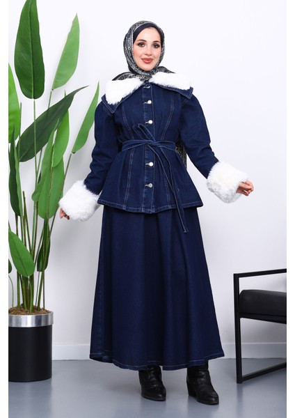 Lacivert Kol Yaka Kürklü Kot Ceket Etek Takım fiyatları