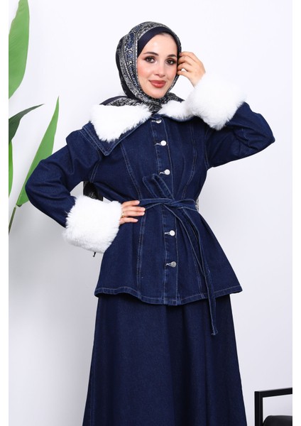 Lacivert Kol Yaka Kürklü Kot Ceket Etek Takım modelleri