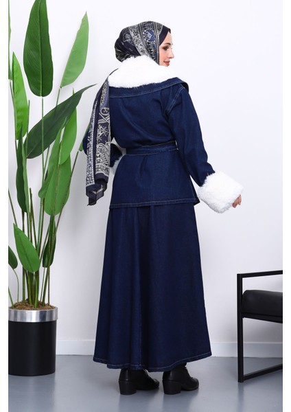 Lacivert Kol Yaka Kürklü Kot Ceket Etek Takım fırsatları