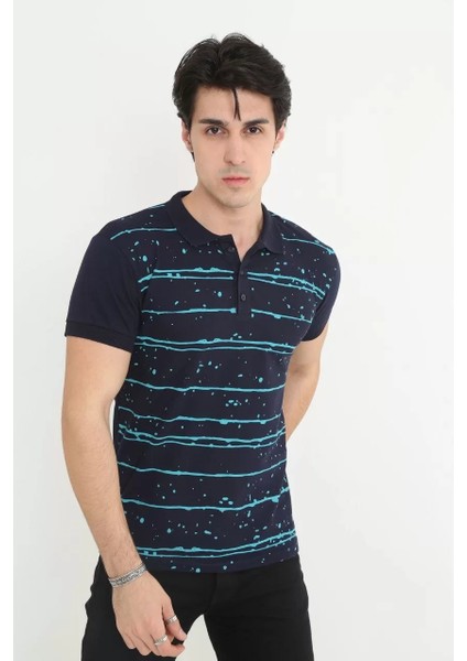Erkek Yakalı Slim Fit Pike Çizgili T-Shirt - Lacivert