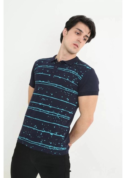 Erkek Yakalı Slim Fit Pike Çizgili T-Shirt - Lacivert fiyatları